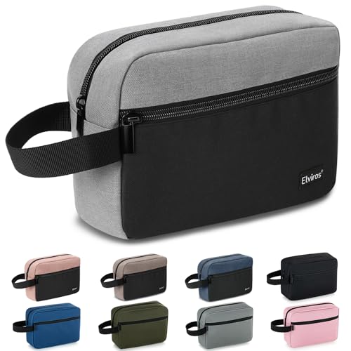 Elviros Travel Borsa da toilette da viaggio da uomo, borsa da toilette portatile impermeabile con scomparto per la rasatura e maniglia, organizer per cosmetici da palestra, doccia e bagno, Nero&Grigio - Design e materiali