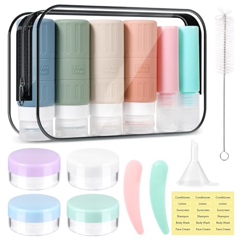 JAMATA Set da Viaggio 16pz in Silicone 100ml,Flaconi Ricaricabili Senza BPA per Shampoo,Lozione e Gel Doccia,Kit Liquidi Aereo con Valvola Anti-fuga,Trousse Inclusa, Ideale per Viaggi Aerei e Outdoor - Design e materiali