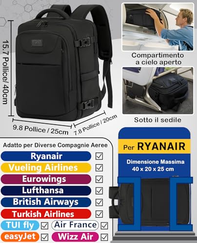 LYNXCHER Zaino Ryanair 40x20x25-Zaino da Viaggio-Bagaglio a Mano Aereo Piccolo Borsa da Cabina 20L per Uomo e Donna da Viaggio Lavoro Trekking Scuola,14 Pollici Zaino Porta PC Nero - Prova pratica