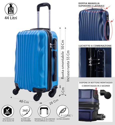 R.Leone Ryanair 55x40x20cm Valigia Trolley Bagaglio a mano Rigido Ultraleggero in ABS 4 Ruote smontabile Rimovibili Autonome 20373N (Valigia 55X40X20cm, Azzurro) - Prova pratica