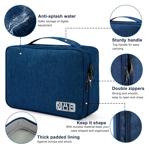 Tunejoy Borsa Accessori Elettronici Portatile Custodia per Elettronica Organizzatore Doppio Strato Impermeabile per Cavi Disco Rigido Caricatore Grigio 27x20x8 cm Blu Scuro - Funzionalità e accessori