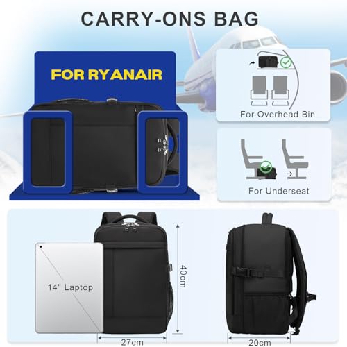 Xkdoai Zaino 40x30x20 per Ryanair 40x20x25 Bagaglio a Mano Borsone da Cabina Borsa da Viaggio Impermeabile 14 Pollici Porta PC Antifurto 20L - Prova pratica