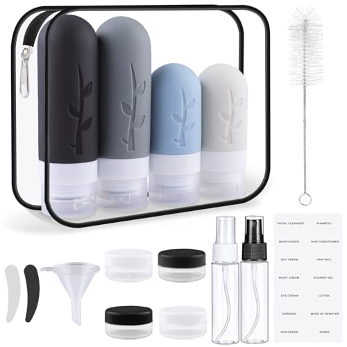 Zosenyer Kit Viaggio Liquidi, 16 Pezzi Contenitori da Viaggio in Silicone, Contenitori Accessori per Shampoo, Lotion e Cosmetici, Mini Size da Viaggio, Nero (Nero) - Design e materiali